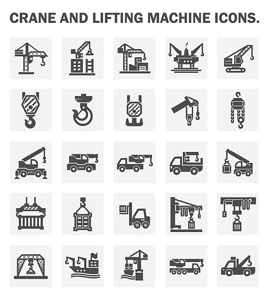 Crane Crane and lifting machine icons sets. hook equipment stock illustrations
