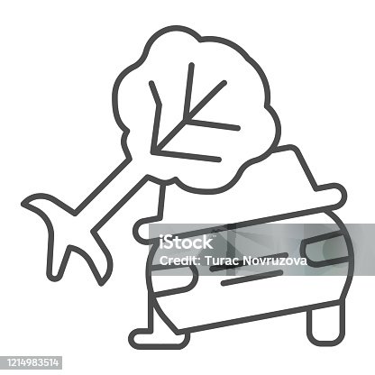 istock Crashed automobile after storm thin line icon. Auto damaged by fallen tree symbol, outline style pictogram on white background. Car accidents sign for mobile concept, web design. Vector graphics. 1214983514