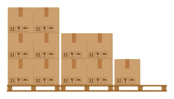 crate boxes on wooded pallet, wood pallet with cardboard box in factory warehouse storage, flat style warehouse cardboard parcel boxes stack, packaging cargo, 3d boxes brown isolated on white crate boxes on wooded pallet, wood pallet with cardboard box in factory warehouse storage, flat style warehouse cardboard parcel boxes stack, packaging cargo, 3d boxes brown isolated on white crate stock illustrations
