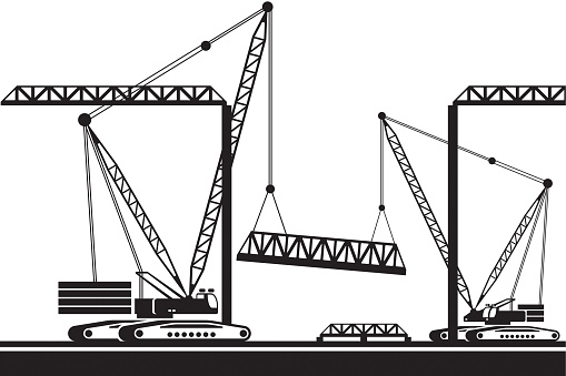 Crawler cranes  mounting a part of bridge