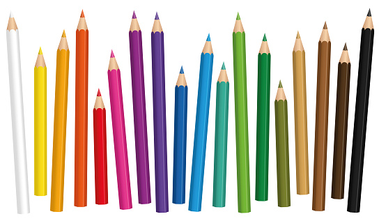 Crayons. Colored pencil set loosely arranged in different lengths - isolated vector illustration on white background.