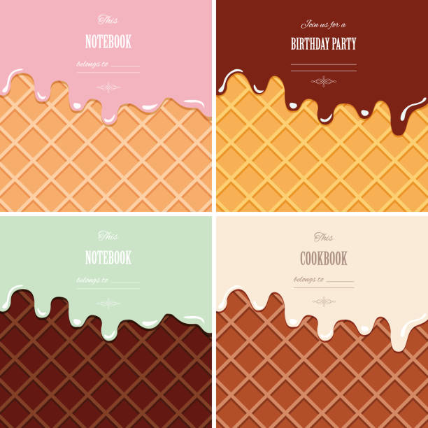 크림은 웨이퍼 배경 세트에 녹아. 아이스크림 콘 닫습니다. 샘플 텍스트와 귀여운 디자인입니다. - ice cream stock illustrations