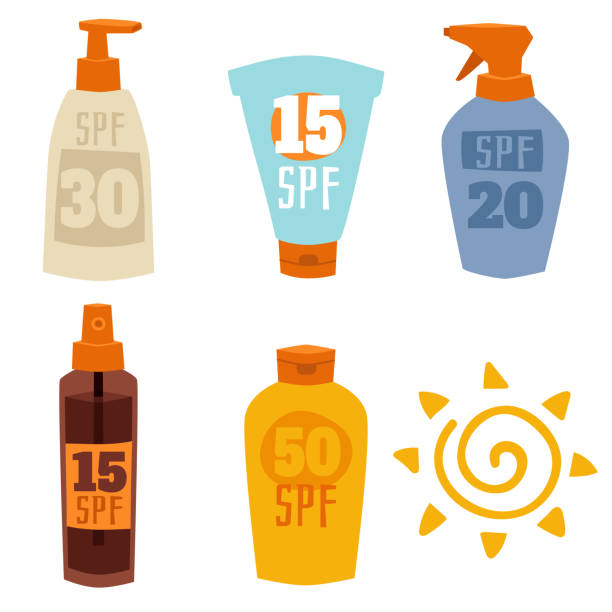 Cream sunscreen bottle isolated on white background vector icon sunblock cosmetic summer container tube packaging design Cream sunscreen bottle isolated on white background vector icon sunblock cosmetic summer container tube packaging design. Solar spray sunbathing skincare tanning. sunscreen stock illustrations