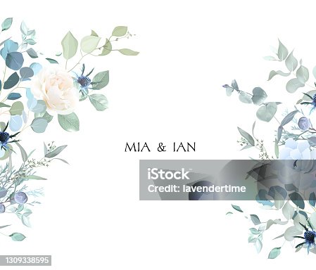 istock Creamy beige rose, anemone, dusty blue thistles, eucalyptus, greenery, juniper, brunia vector design frame 1309338595