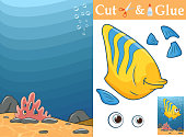 Create the applique cute Ocean Fish for sample. Cut parts of the image and glue on the colorful background. Worksheet activity perfect for practice skill motor planning, sequencing, cutting, sticking