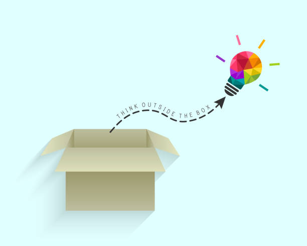 Creative and out of the box thinking concept Creative and out of the box thinking concept with colorful lightbulb outside the box stock illustrations