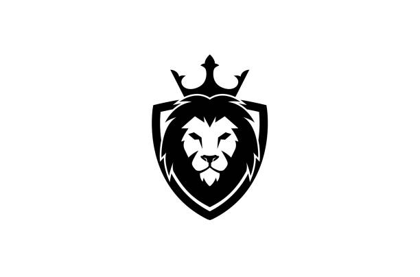 ilustrações, clipart, desenhos animados e ícones de criativo preto leão cabeça coroa rei escudo logotipo design ilustração vetorial - leão
