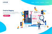 Creative Blogging illustration concept, group of people learning about creative blogging and copywriting can use for, landing page template, ui web, mobile app poster or banner flyer.