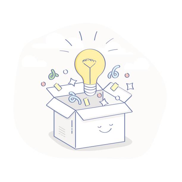 Creative box. Think Outside the Box, Imagination, Creativity and Brainstorm concept. Cute open cartoon box with light bulb and confetti inside. Flat line vector illustration for web and mobile design. outside the box stock illustrations