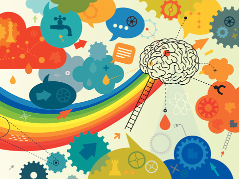 An abstract illustration showing the brain creating a new ideas and solutions. Income thoughts and knowledge are shown as a rainbow which is going into the brain. Brain are surrounded with different elements which are representing different mental processes like: speech bubbles and clouds for thoughts/ideas, gears and wheels for cooperation and actions, puzzles for right solutions, pipe and drops for new ideas, ladders for improvement, arrows for directions, target for goals and aspirations, chess figure for smart playing,  ect. vector