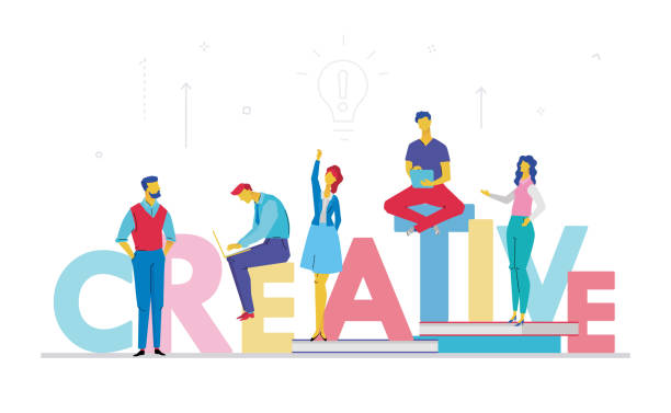 Creative business team - flat design style colorful illustration Creative business team - flat design style colorful illustration on white background. A composition with cute characters, office workers or businessmen searching for ideas. Bright capital letters creative agency stock illustrations