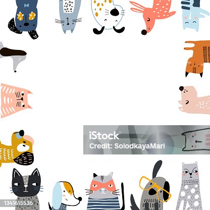 istock Creative cats and dogs square frame with text place. Vector illustration 1341615536