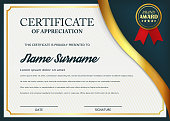 Creative certificate of appreciation award template. Certificate template design with best award symbol and blue and golden shapes and badge. Vector illustration. Eps 10.