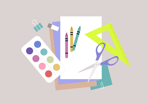 Creative class workshop, a watercolor paint, a set of colour paper, chalks and scissors