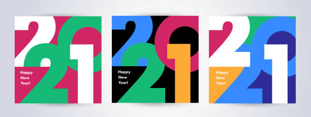 Creative concept of 2021 Happy New Year posters set. Design templates with typography logo 2021 Creative concept of 2021 Happy New Year posters set. Design templates with typography logo 2021 for celebration and season decoration. Minimalistic trendy backgrounds for branding, banner, cover, card new year stock illustrations
