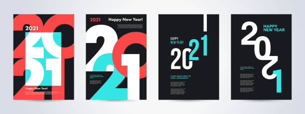 Creative concept of 2021 Happy New Year posters set Creative concept of 2021 Happy New Year posters set. Design templates with typography logo 2021 for celebration and season decoration. Minimalistic trendy backgrounds for branding, banner, cover, card magazine cover stock illustrations