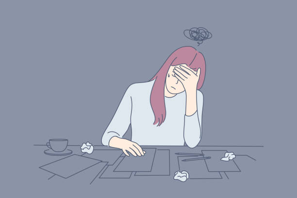 Creative crisis, fatigue, mental stress, depression, frustration concept Creative crisis, fatigue, mental stress, depression, frustration concept. Young depressed frustrated upset woman or girl, writer artist has creative crisis. Fatigue, raising of mental stress, headache exhaustion stock illustrations