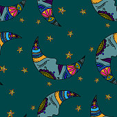 Creative vector drawing of the moon and stars. Colorful seamless background.