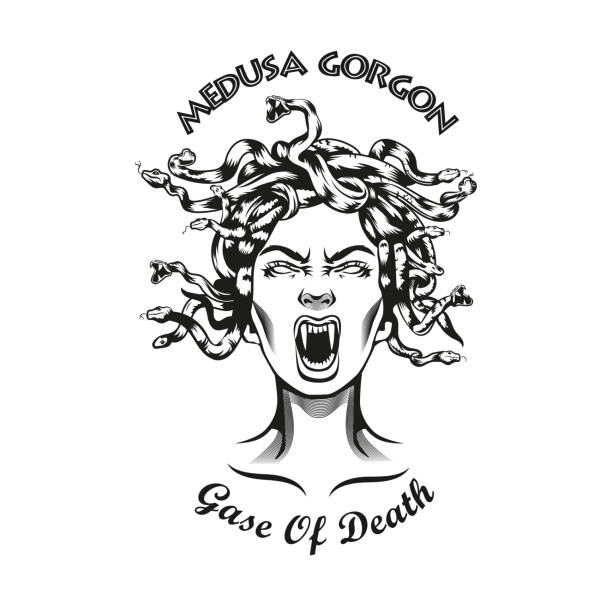 Creative emblem head of Medusa Gorgon Creative emblem head of Medusa Gorgon. Monochrome design element with female myth creature with snakes for hair. Ancient Greece mythology concept for tattoo, stamp, print template snake head stock illustrations