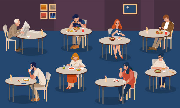 ilustrações de stock, clip art, desenhos animados e ícones de creative human collection. tiny people sitting at tables in large hall and eating. colorful vector illustration in flat cartoon style - pizza table