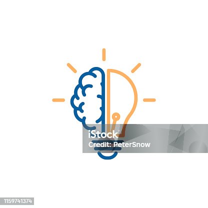istock Creative icon of a half brain half lightbulb representing ideas, creativity, knowledge, technology and the human mind. Solving problems concept thin line illustration 1159741374