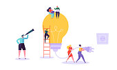 Creative idea brainstorming concept. Business characters working together with big light bulb. Searching for solutions, innovation. Vector illustration
