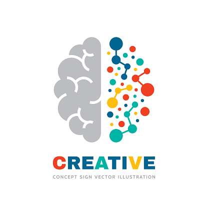 Creative idea - business vector sign concept illustration. Abstract human brain sign. Geometric colored structure. Mind education symbol. Left and right hemisphere. Graphic design element.