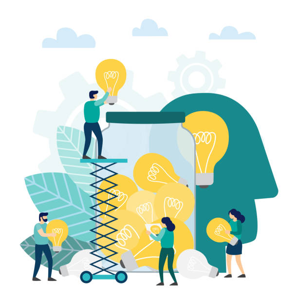 Creative idea with light lamp bulb. Creative idea with light lamp bulb. Searching for new ideas solutions, working together in the company, brainstorming. Vector illustration brainstorming stock illustrations