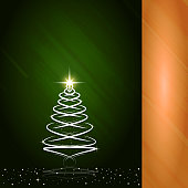 A creative merry christmas tree design - Illustration.The left half band part is dark green stroked self gradient with an artistic Christmas tree drawn with overlapping spirals with a twinkling star at the top and shadow at the bottom. Banner - Sign, Christmas, Drawing - Activity. Copy space, background. Shadow of tree. The right half band part is empty slant stroked gradient of golden yellow. Twinkling and dreamy dots over the tree and around at the bottom denoting snow. Merry X'Mas