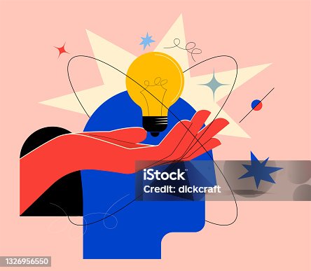 istock Creative mind or brainstorm or creative idea concept with abstract human head silhouette and hand holding bulb lamp surrounded abstract geometric shapes in bright colors. Vector illustration 1326956550