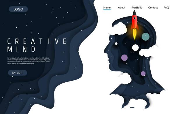 Creative mind vector website landing page design template Creative mind vector website template, web page and landing page design for website and mobile site development. Paper cut human head silhouette with night starry sky, rocket and planets. imagination stock illustrations