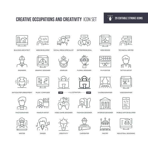 Creative Occupations and Creativity Editable Stroke Line Icons 29 Creative Occupations and Creativity Icons - Editable Stroke - Easy to edit and customize - You can easily customize the stroke with entrepreneur designs stock illustrations