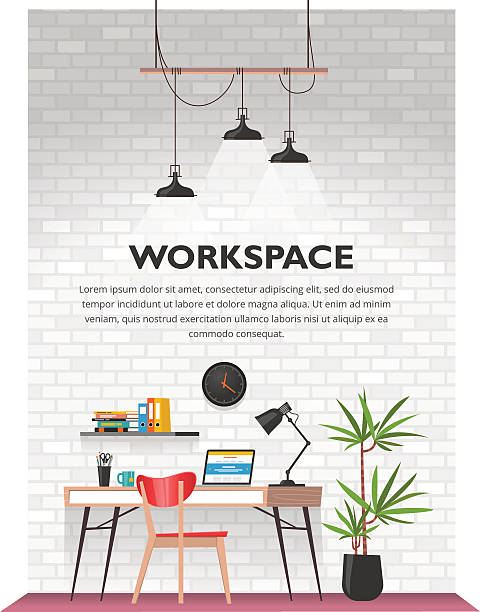 Creative office interior in loft space. Creative office interior in loft space with white vintage brick wall. Modern cozy workspace with wooden table, laptop, desk lamp, book shelf, folders, plants, clock etc. Vector illustration. laptop backgrounds stock illustrations