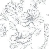 Hand drawn pencil floral seamless pattern of poppies. Creative design for invitation card, wallpaper, poster, fabric.
Drawing processed as vector image with isolated editable elements.
The pattern is also ready to use in the swatch library.