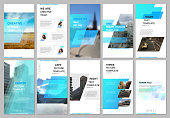 Creative social networks stories design, vertical banner or flyer templates with blue colored colorful gradient geometric background. Covers design templates for flyer, leaflet, brochure, presentation.