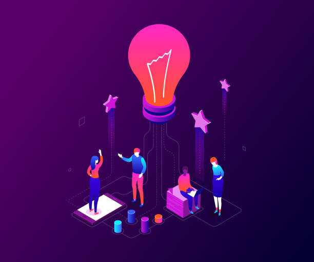 Creative team - modern colorful isometric vector illustration Creative team - modern colorful isometric vector illustration on dark purple background. A composition with colleagues, company staff working on a project, image of big lightbulb. Bright idea concept presentation speech backgrounds stock illustrations