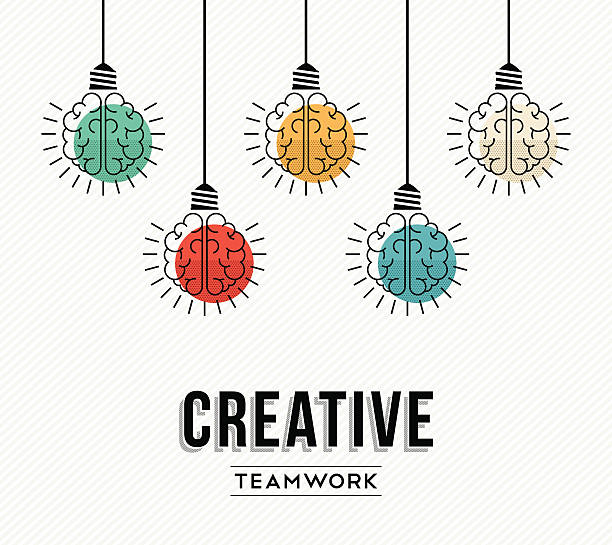 Creative teamwork concept design with human brains Creative teamwork modern design with human brains as colorful lamp light, success in business concept. EPS10 vector. brainstorming stock illustrations