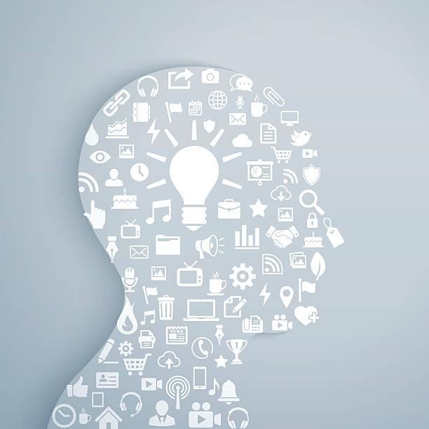 Creative thinking. Concept of Icons, Bulb and a Human Head. Silhouette of a human's head with a icons and bulb. Concept of creative thinking in the new information age. marketing silhouettes stock illustrations