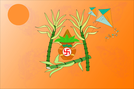 Creative vector art of Indian festival Makar Sankranti, Pongal, Uttarayan, Lohari. red color swastik on brown color kalash, colorful kites, sugar cane, orange sun on orange color shaded background.