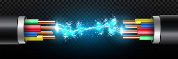Creative vector illustration of electric glowing lightning between colored break cable, copper wires with circuit sparks isolated on transparent background. Art design. Abstract concept element Creative vector illustration of electric glowing lightning between colored break cable, copper wires with circuit sparks isolated on transparent background. Art design. Abstract concept element. internet cable stock illustrations