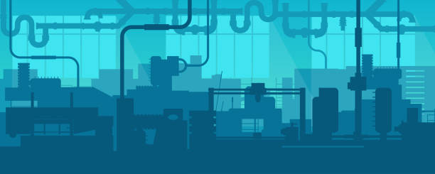 Creative vector illustration of factory line manufacturing industrial plant scen interior background. Art design the silhouette of the industry 4.0 zone template. Abstract concept graphic element Creative vector illustration of factory line manufacturing industrial plant scen interior background. Art design the silhouette of the industry 4.0 zone template. Abstract concept graphic element. indoors stock illustrations