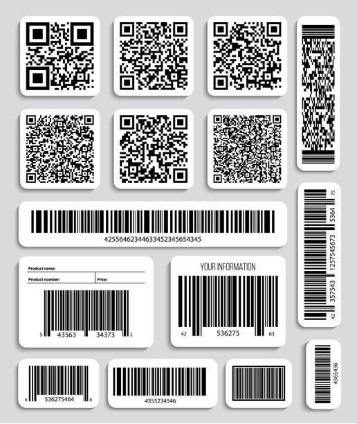 творческая векторная иллюстрация кодов, упаковочных этикеток, штрих-кода на наклейках. идентификация данных сканирования продукта в магаз - qr code stock illustrations