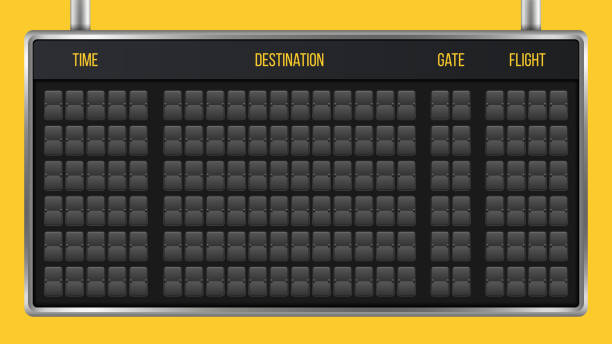 Creative vector illustration of realistic flip scoreboard, arrival airport board with alphabet, numbers isolated on transparent background. Art design. Analog timetable font. Concept graphic element Creative vector illustration of realistic flip scoreboard, arrival airport board with alphabet, numbers isolated on transparent background. Art design. Analog timetable font. Concept graphic element. arrival departure board stock illustrations