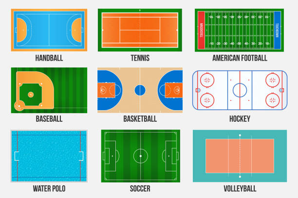 背景下的體育遊戲場標記的創意向量說明。手球、網球、美式足球、足球、棒球、籃球、曲棍球、水球、排球等圖形元素 - 手球 幅插畫檔、美工圖案、卡通及圖標