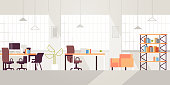 creative workplace modern open space empty nobody office interior contemporary co-working center flat horizontal vector illustration