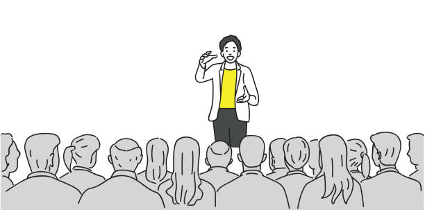 creativeman Creative man giving a talk on stage to audience in the conference hall. Outline, thin line art, linear, doodle, cartoon, hand drawn sketch design. presentation speech stock illustrations