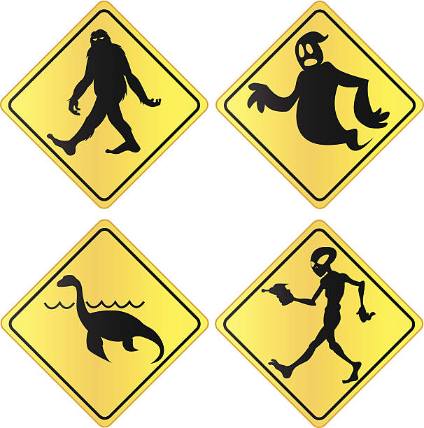 Creature Crossing Crossing signs featuring Bigfoot, a ghost, the Loch Ness Monster and an alien. Each sign is on it's own layer making it easy to isolate them to use individually. loch ness monster stock illustrations