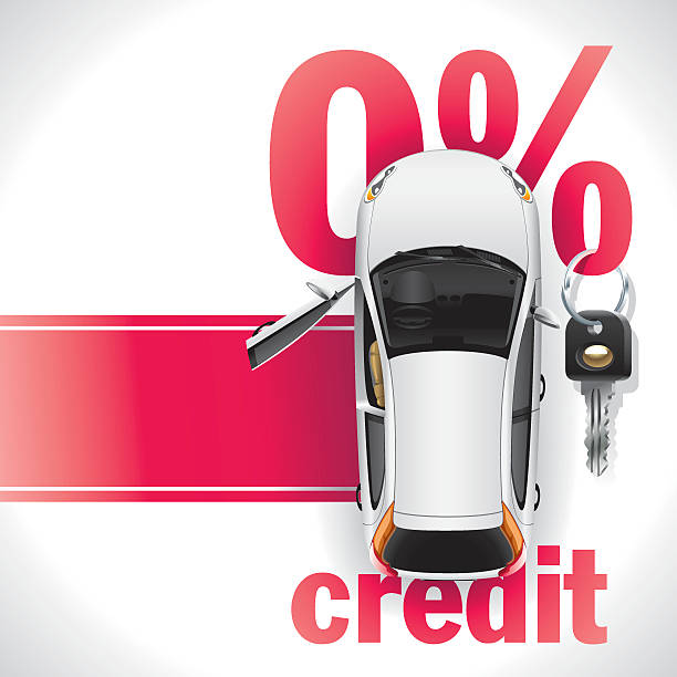 Credit Car on the Red Carpet New white car with open front door standing on the red carpet. Against the background of a red font written zero interest rate on the loan. On the percent symbol hanging black ignition key. open car door stock illustrations
