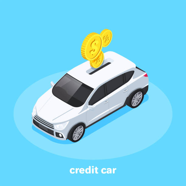 credit car isometric vector image on a blue background, white car and golden manets falling into it, credit car car loan stock illustrations