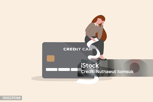 istock Credit card debt problem, overspend or shopping trouble, consumerism or buying addicted causing financial problem concept, hopeless woman sitting with long list overdue bills on credit card. 1355229268